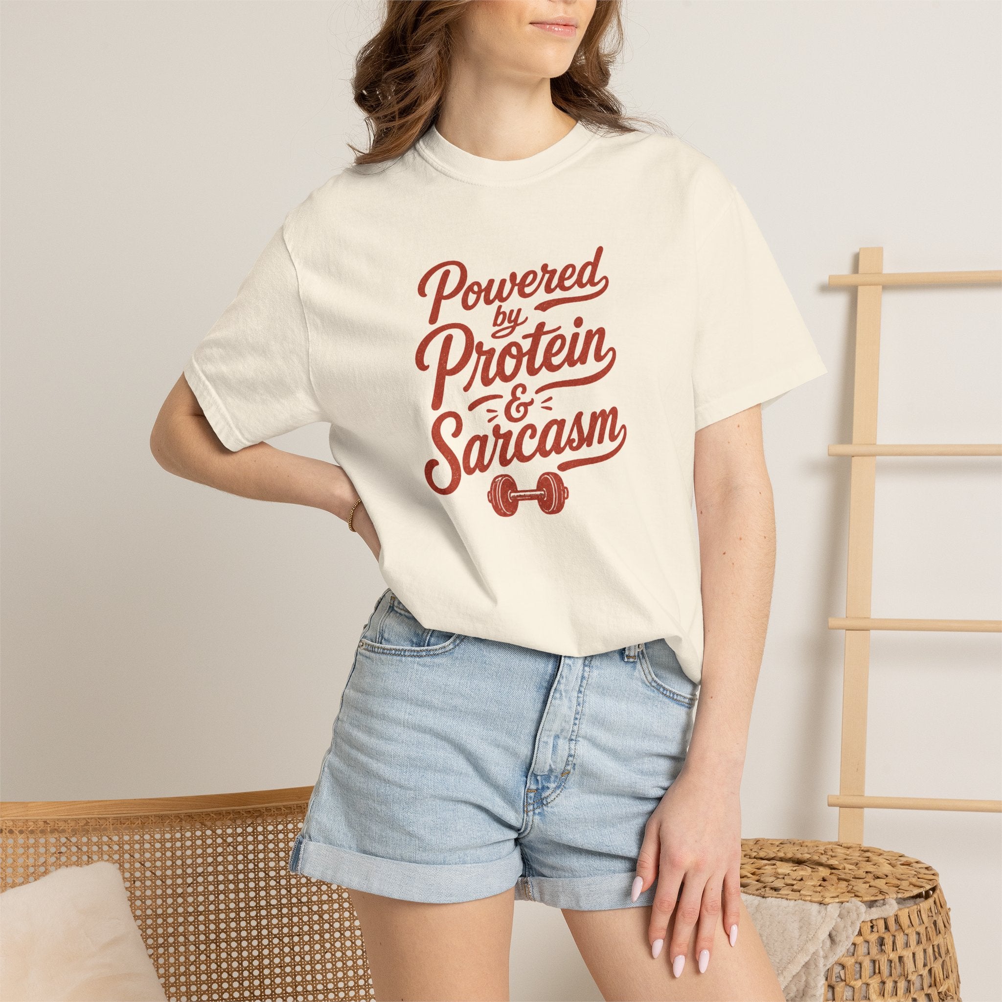 Protein & Sarcasm T-Shirt — 'Powered by Protein & Sarcasm' Graphic Tee