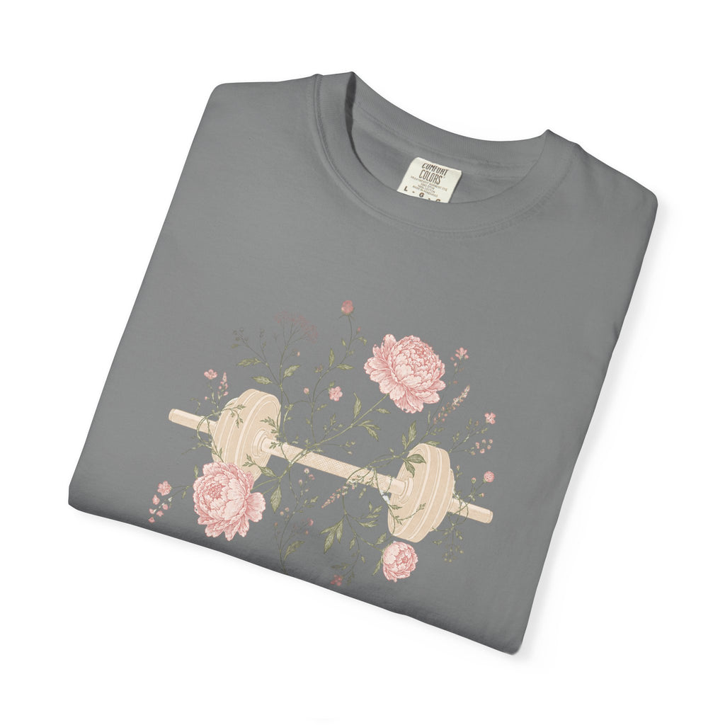 Floral Dumbbell T-Shirt — 'Lift & Bloom' Vintage Fitness Tee