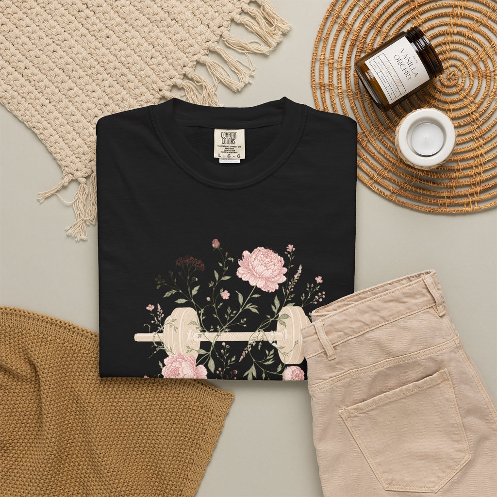 Floral Dumbbell T-Shirt — 'Lift & Bloom' Vintage Fitness Tee