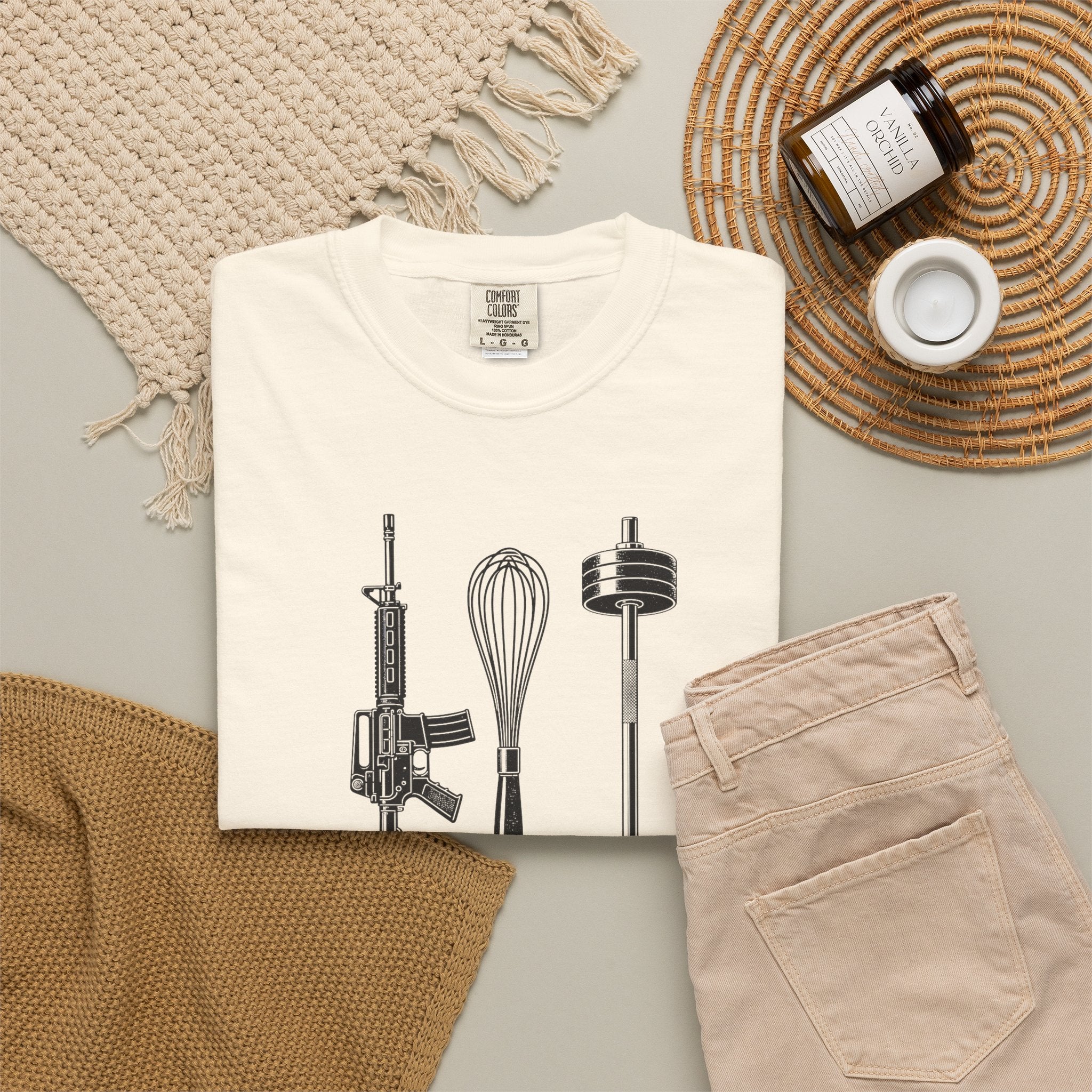 Triple Threat T-Shirt — Funny Chef, Weightlifting & Firearm Graphic Tee