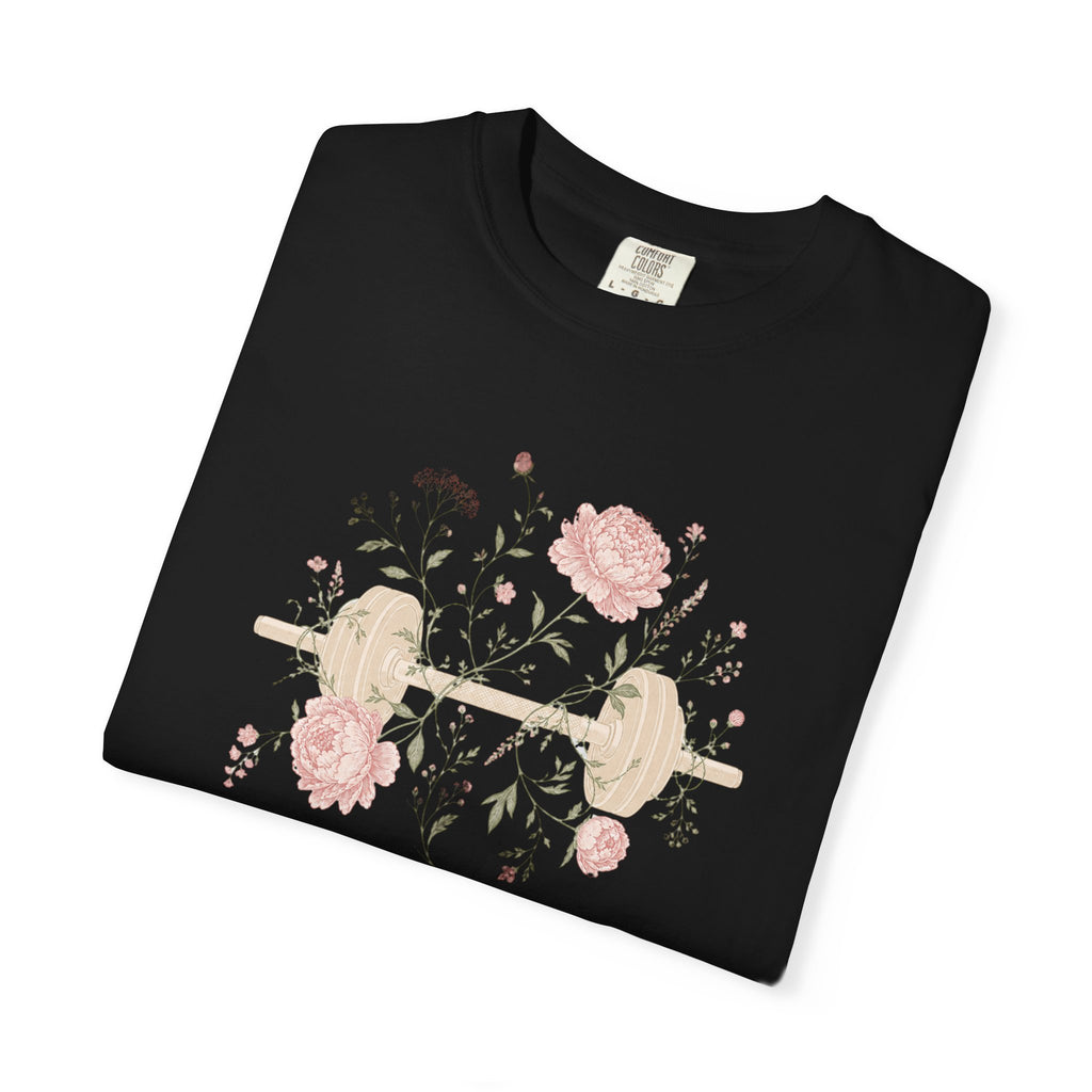 Floral Dumbbell T-Shirt — 'Lift & Bloom' Vintage Fitness Tee