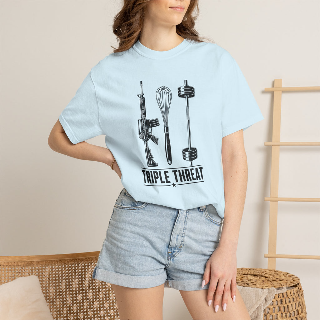 Triple Threat T-Shirt — Funny Chef, Weightlifting & Firearm Graphic Tee