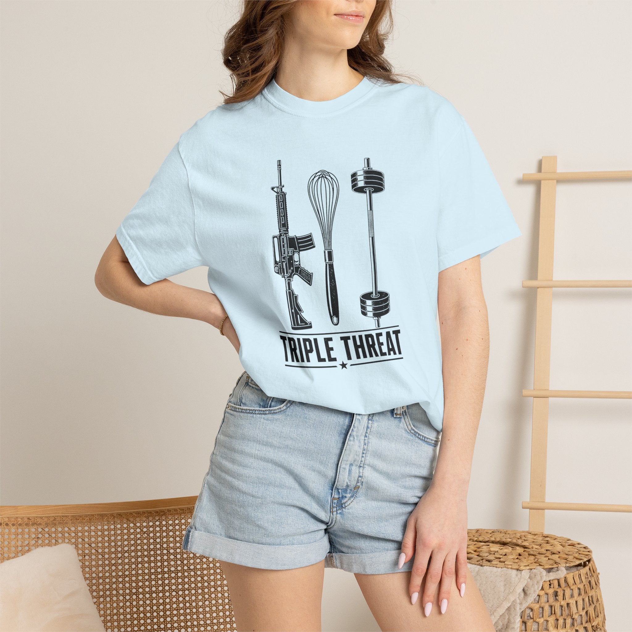 Triple Threat T-Shirt — Funny Chef, Weightlifting & Firearm Graphic Tee