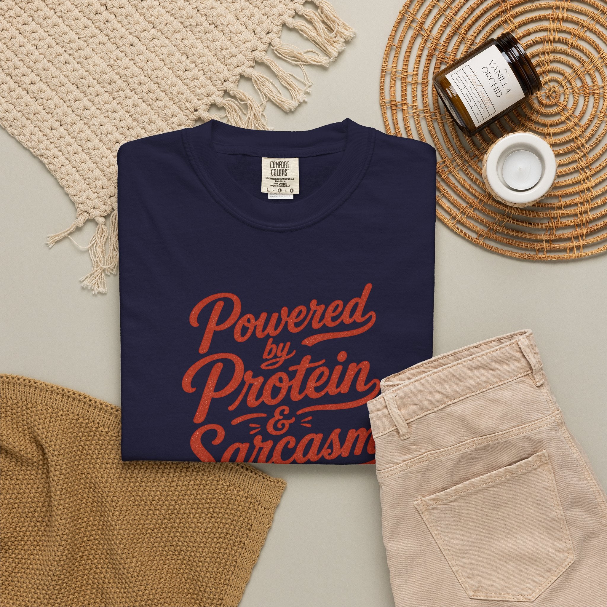 Protein & Sarcasm T-Shirt — 'Powered by Protein & Sarcasm' Graphic Tee