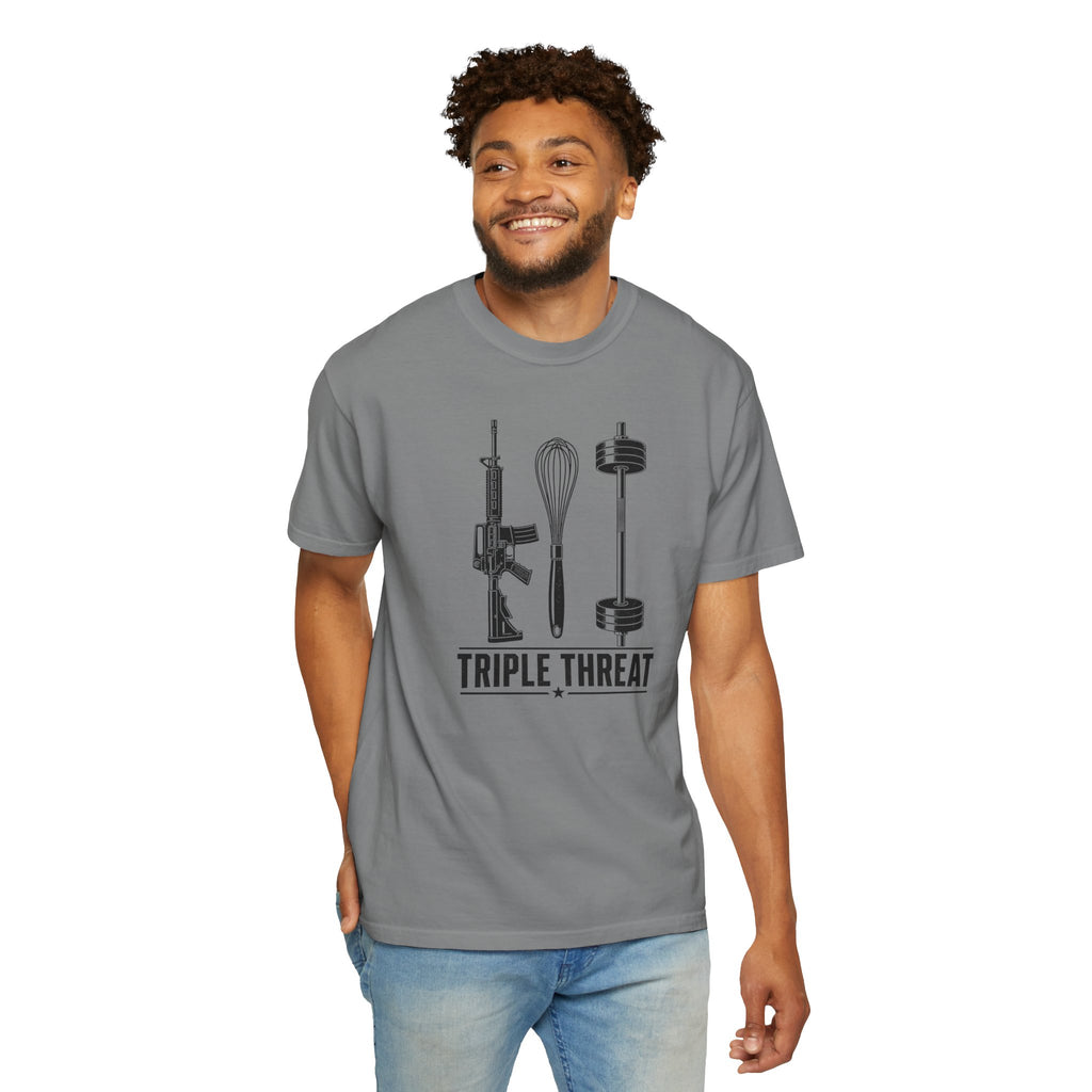 Triple Threat T-Shirt — Funny Chef, Weightlifting & Firearm Graphic Tee