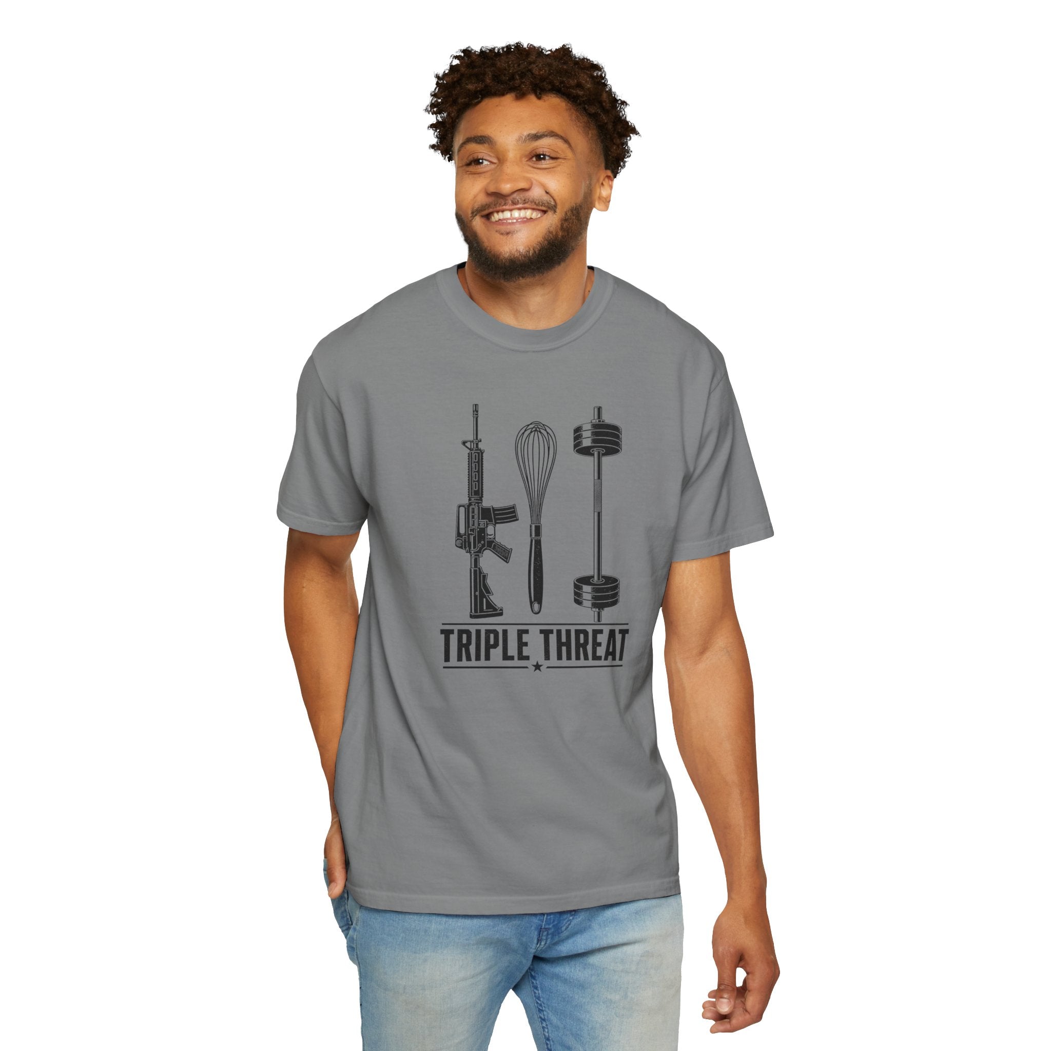 Triple Threat T-Shirt — Funny Chef, Weightlifting & Firearm Graphic Tee