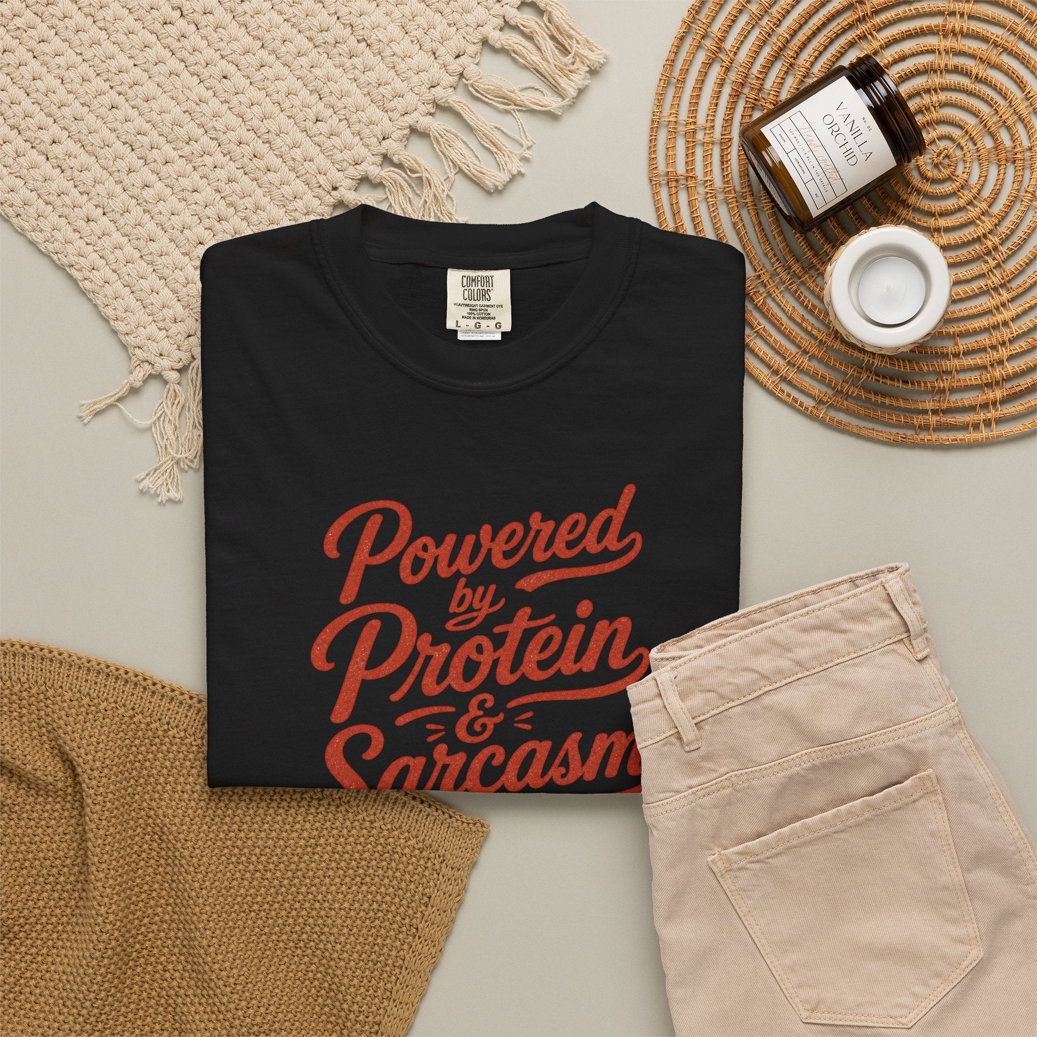 Protein & Sarcasm T-Shirt — 'Powered by Protein & Sarcasm' Graphic Tee