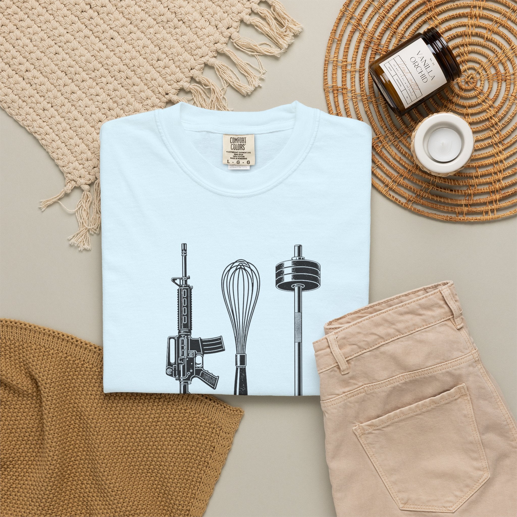 Triple Threat T-Shirt — Funny Chef, Weightlifting & Firearm Graphic Tee
