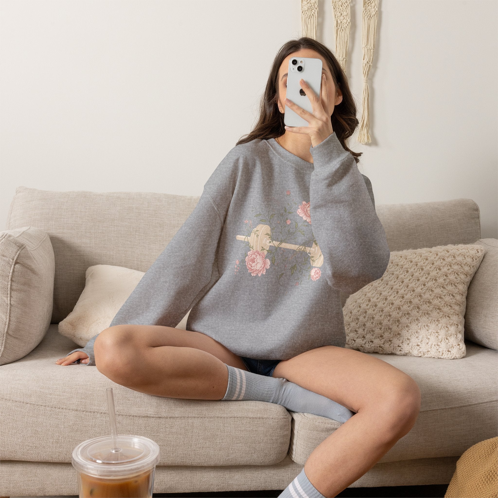 Dumbbell Floral Sweatshirt — Weightlifting Floral Crewneck for Fitness Lovers