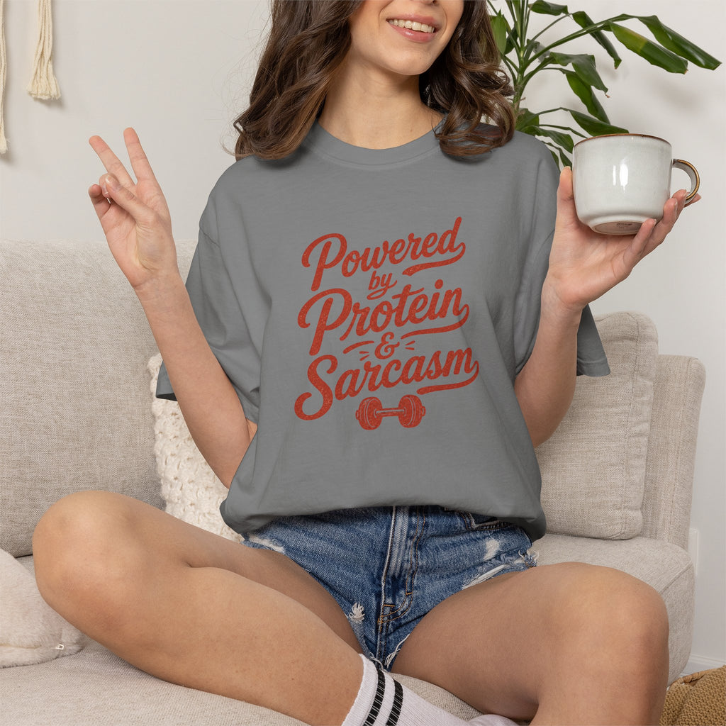 Protein & Sarcasm T-Shirt — 'Powered by Protein & Sarcasm' Graphic Tee