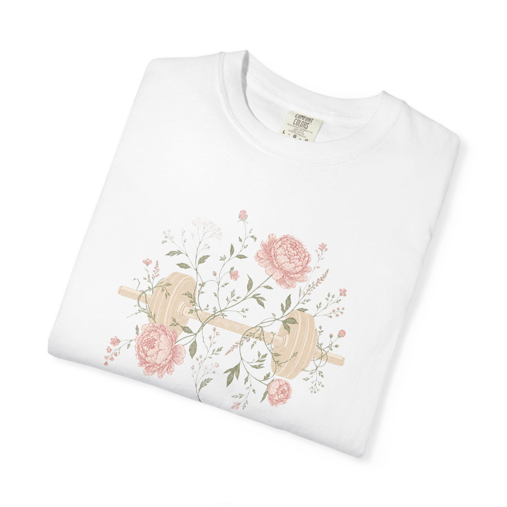 Floral Dumbbell T-Shirt — 'Lift & Bloom' Vintage Fitness Tee