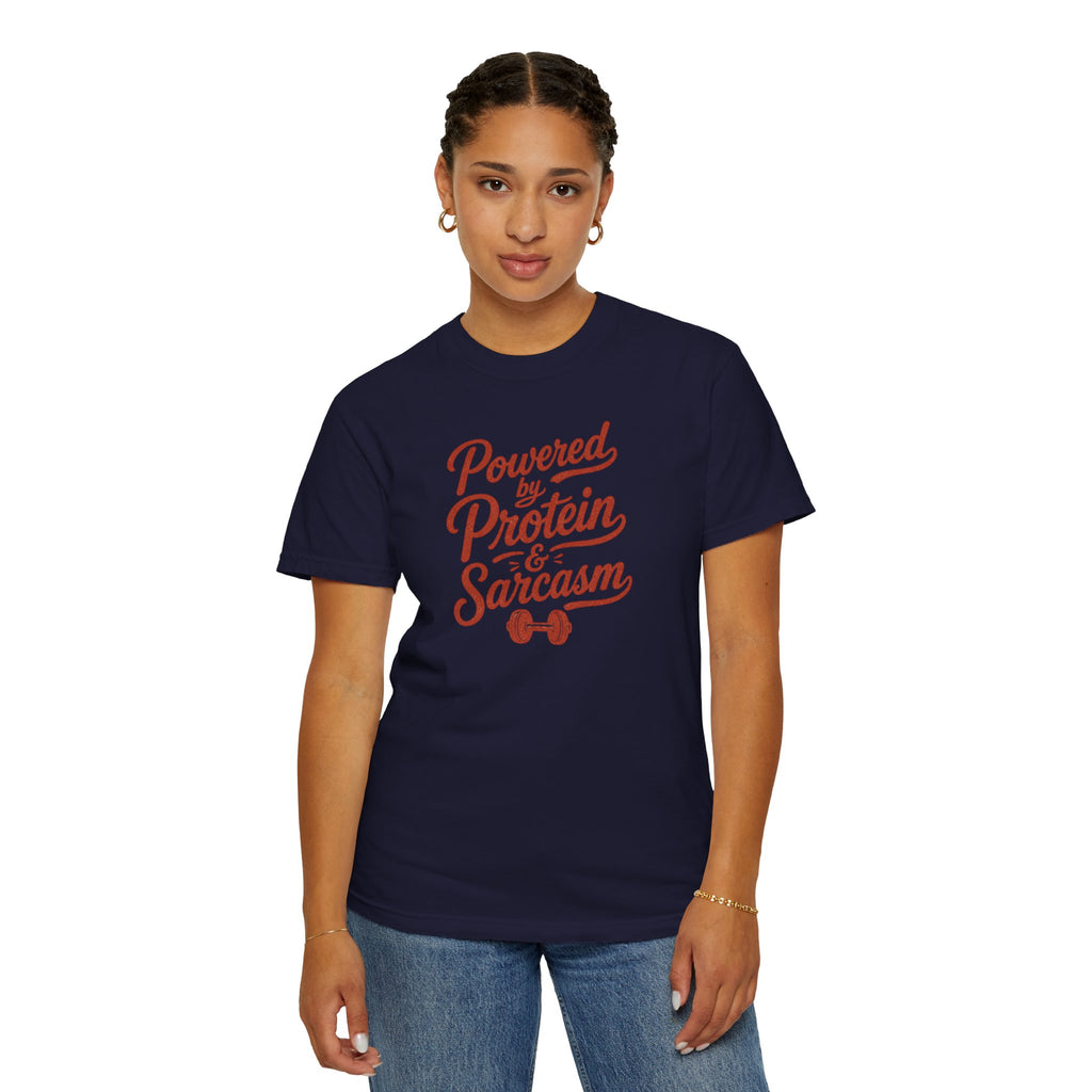 Protein & Sarcasm T-Shirt — 'Powered by Protein & Sarcasm' Graphic Tee
