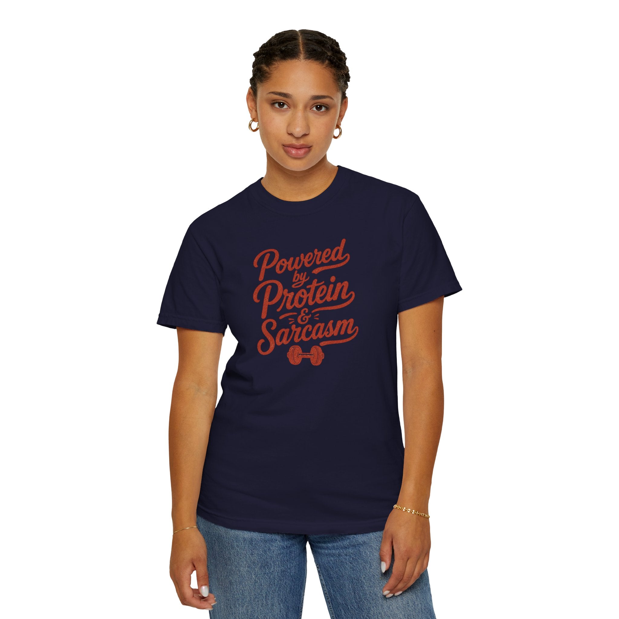 Protein & Sarcasm T-Shirt — 'Powered by Protein & Sarcasm' Graphic Tee