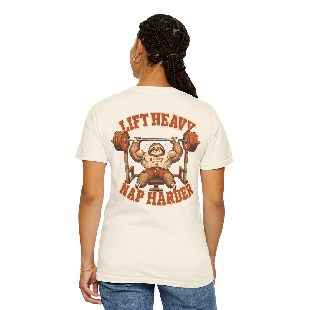 Sloth Weightlifting T-Shirt — "Lift Heavy Nap Harder" Funny Gym Tee
