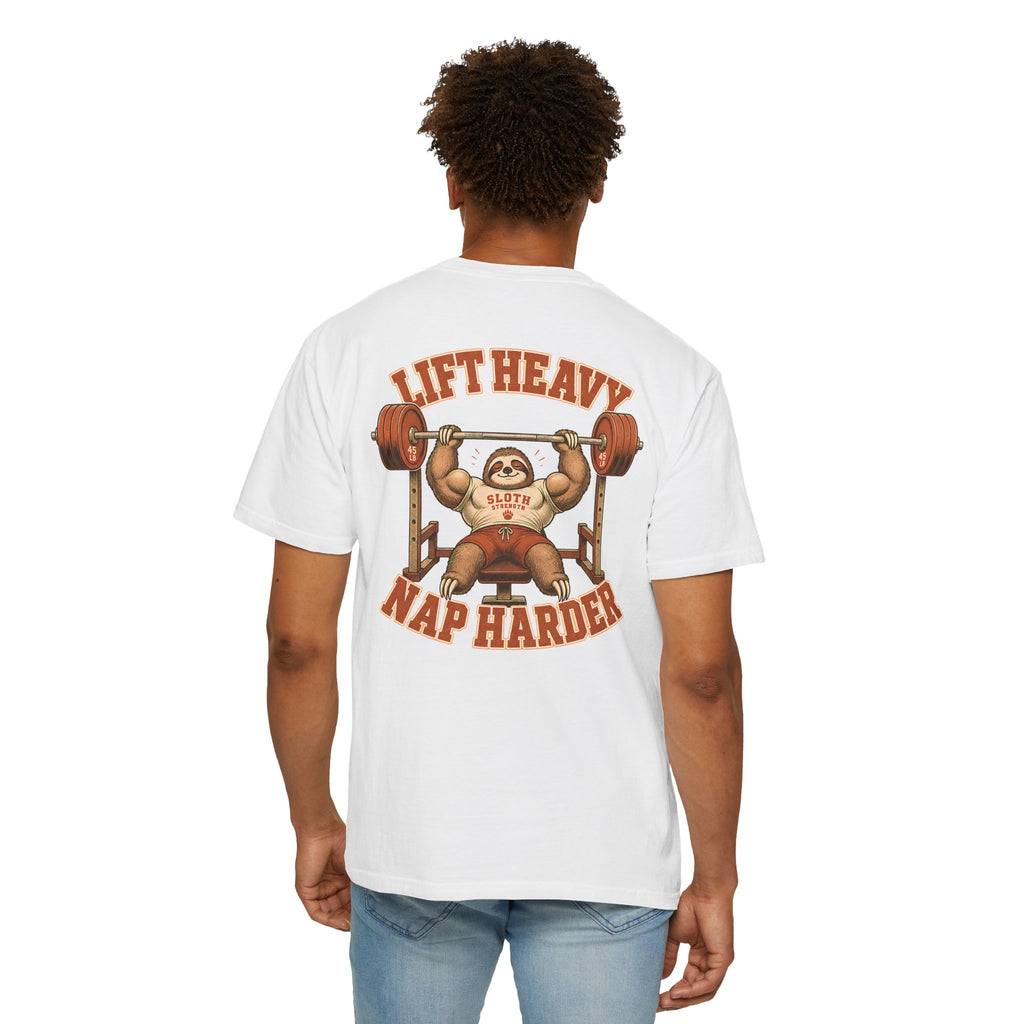 Sloth Weightlifting T-Shirt — "Lift Heavy Nap Harder" Funny Gym Tee
