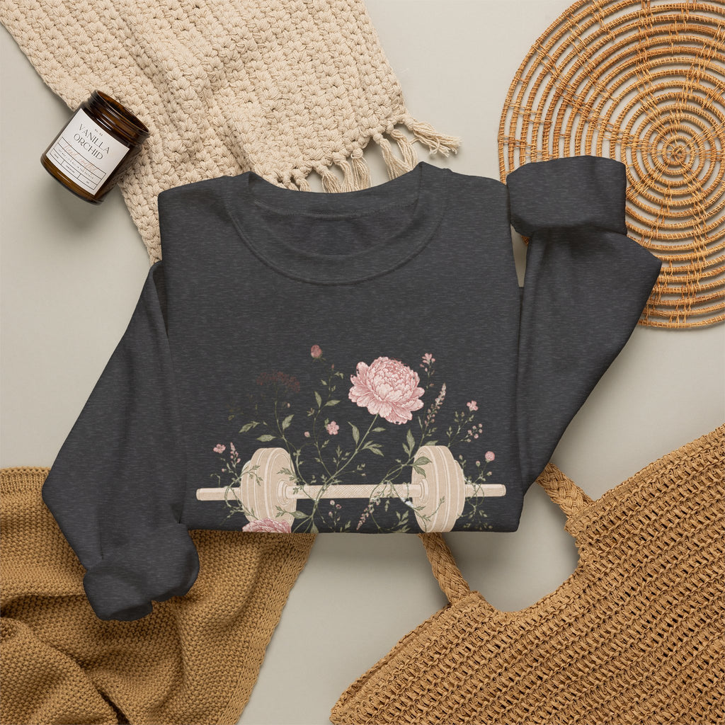 Dumbbell Floral Sweatshirt — Weightlifting Floral Crewneck for Fitness Lovers