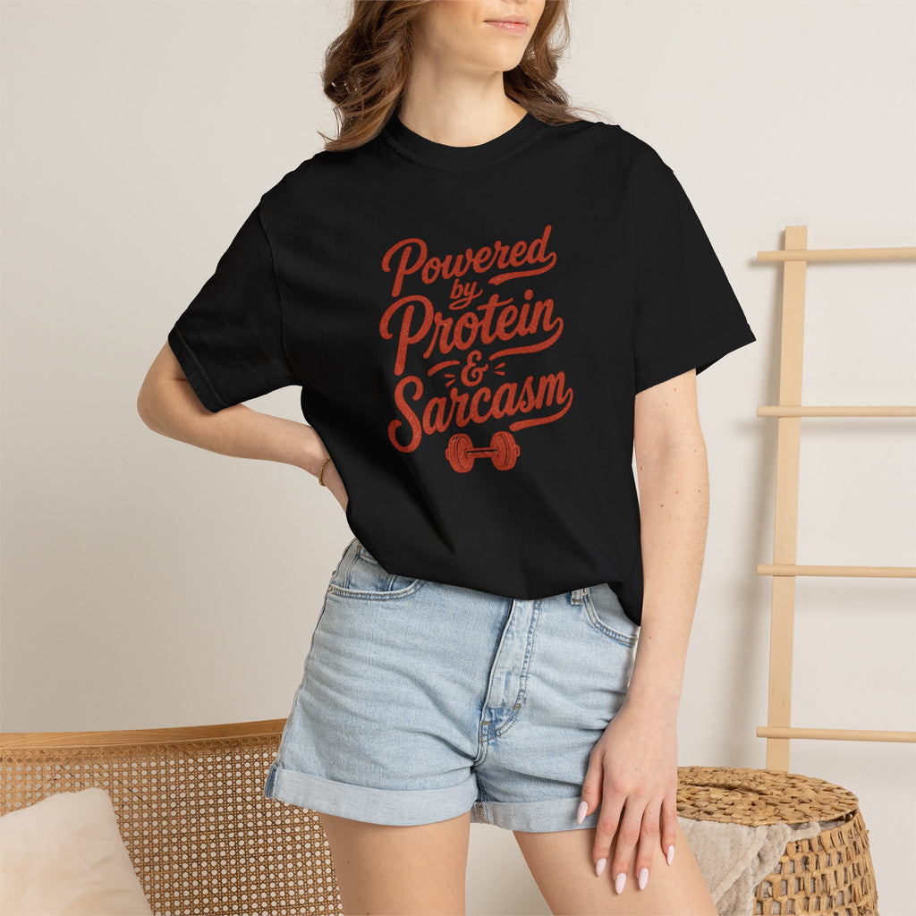 Protein & Sarcasm T-Shirt — 'Powered by Protein & Sarcasm' Graphic Tee