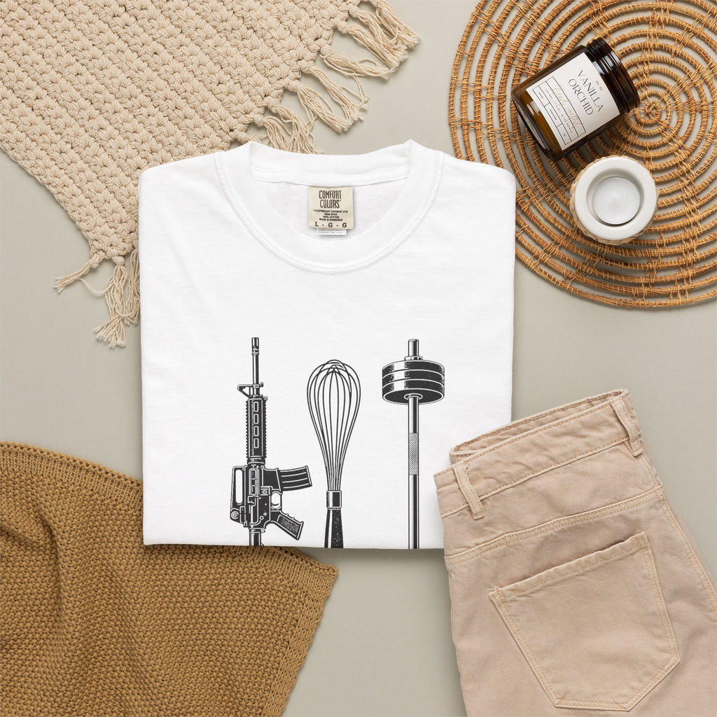 Triple Threat T-Shirt — Funny Chef, Weightlifting & Firearm Graphic Tee