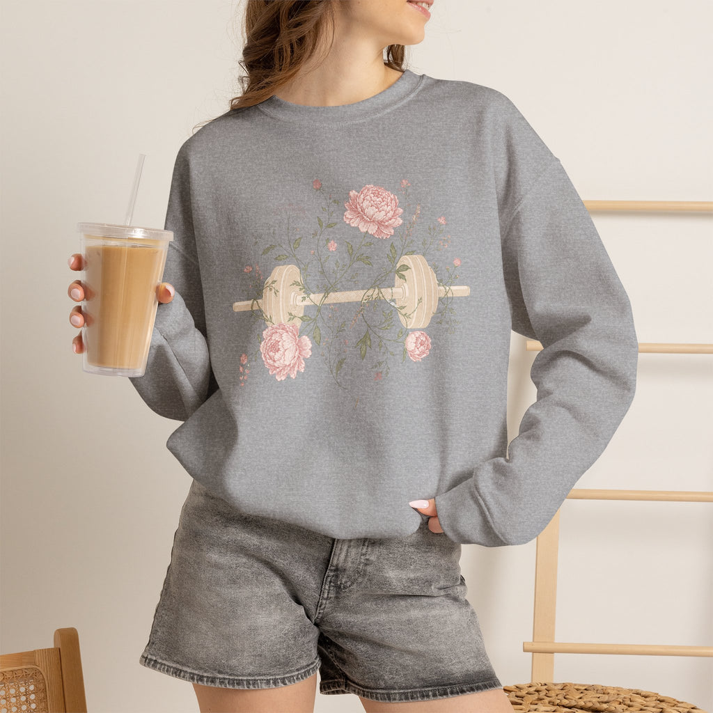 Dumbbell Floral Sweatshirt — Weightlifting Floral Crewneck for Fitness Lovers