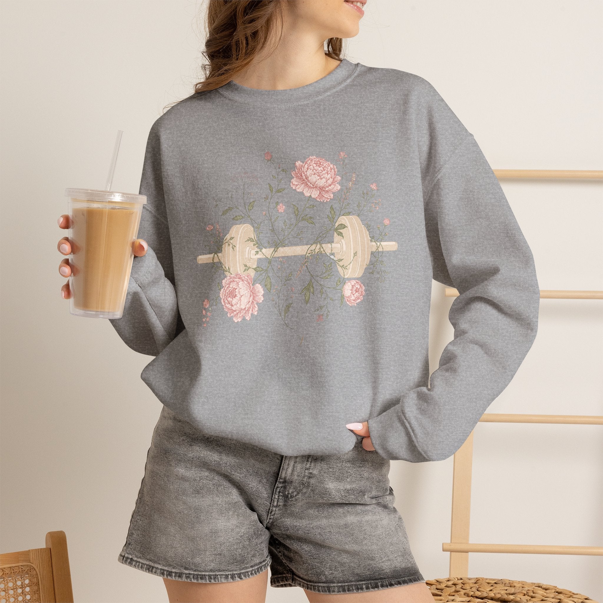Dumbbell Floral Sweatshirt — Weightlifting Floral Crewneck for Fitness Lovers
