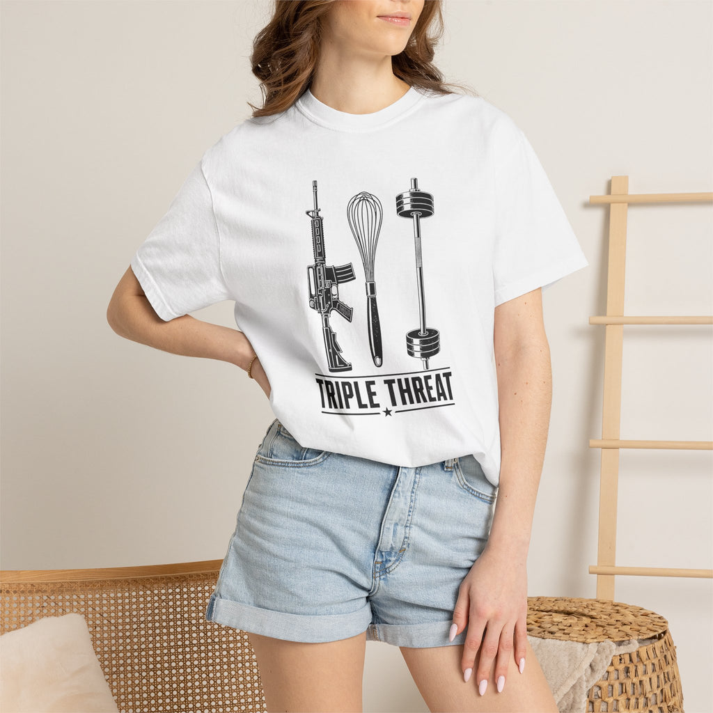 Triple Threat T-Shirt — Funny Chef, Weightlifting & Firearm Graphic Tee