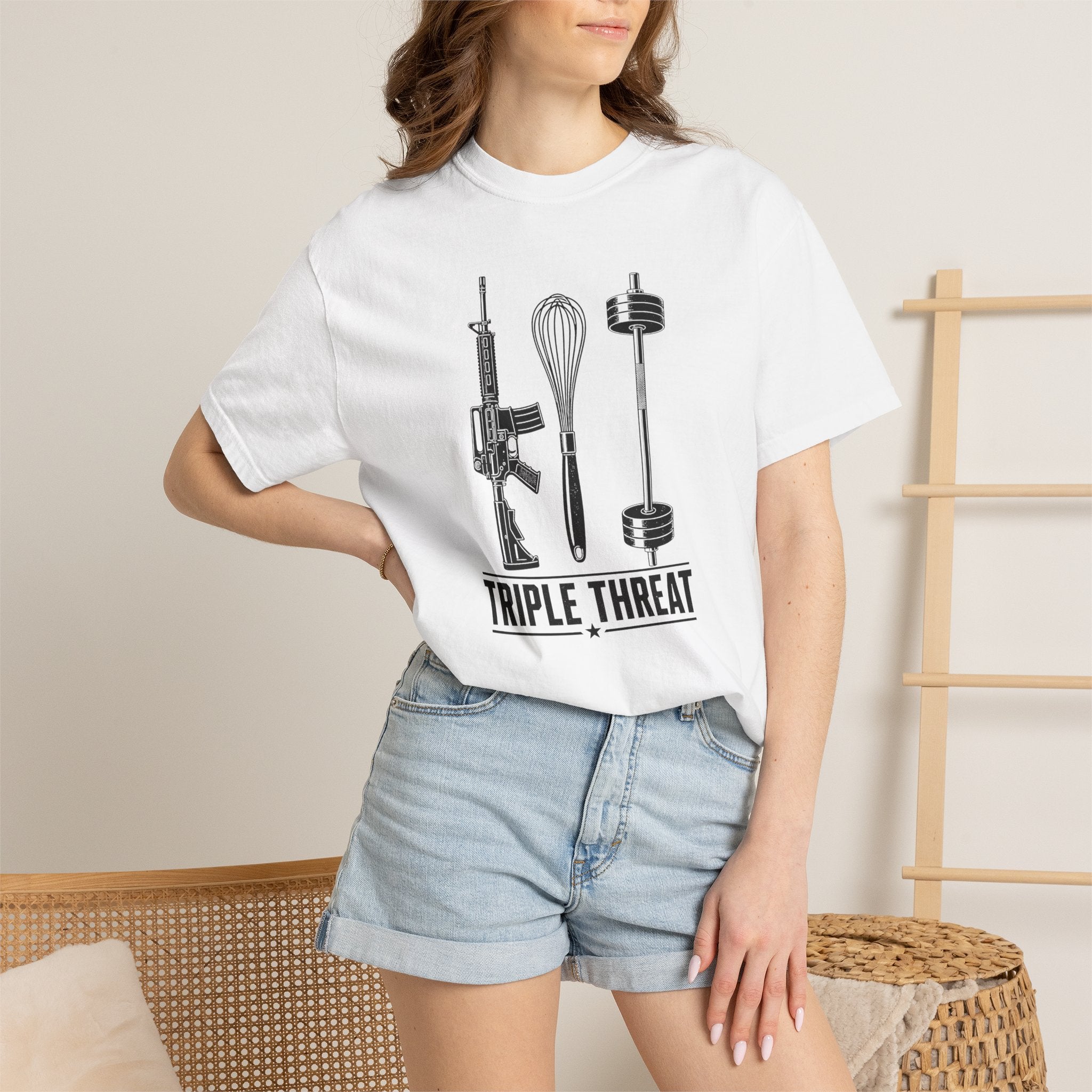 Triple Threat T-Shirt — Funny Chef, Weightlifting & Firearm Graphic Tee