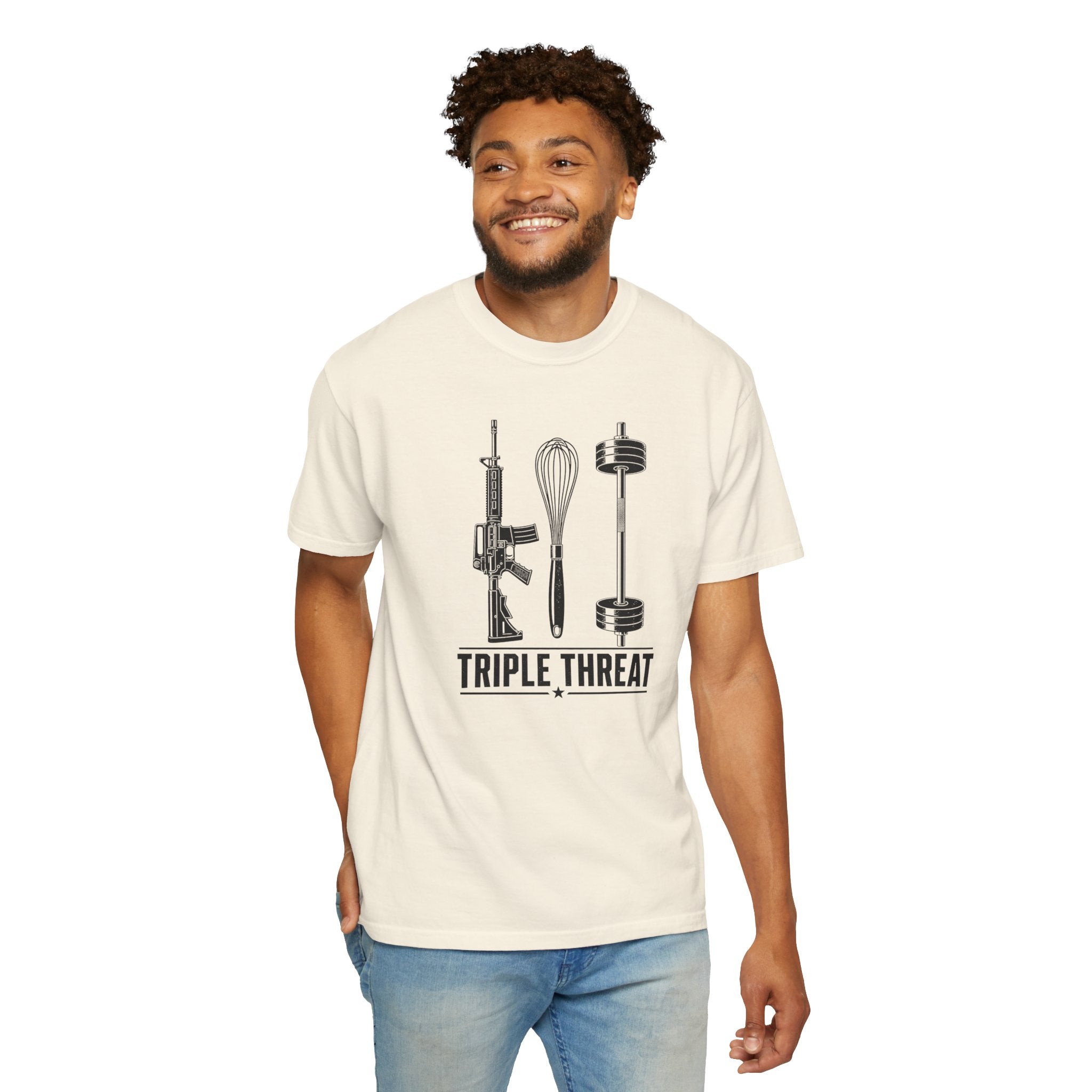 Triple Threat T-Shirt — Funny Chef, Weightlifting & Firearm Graphic Tee