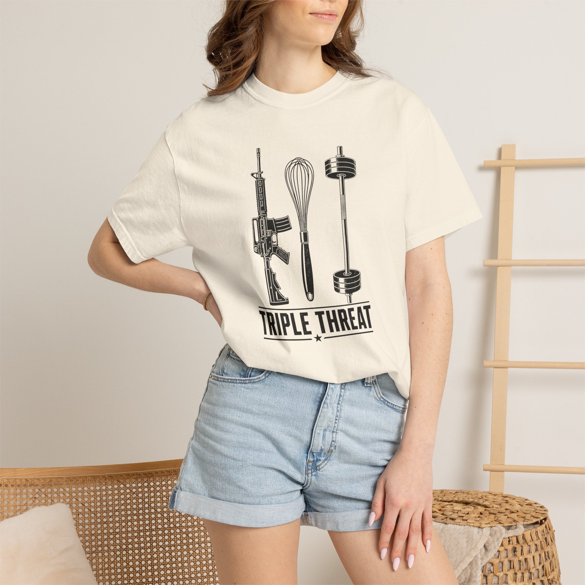 Triple Threat T-Shirt — Funny Chef, Weightlifting & Firearm Graphic Tee