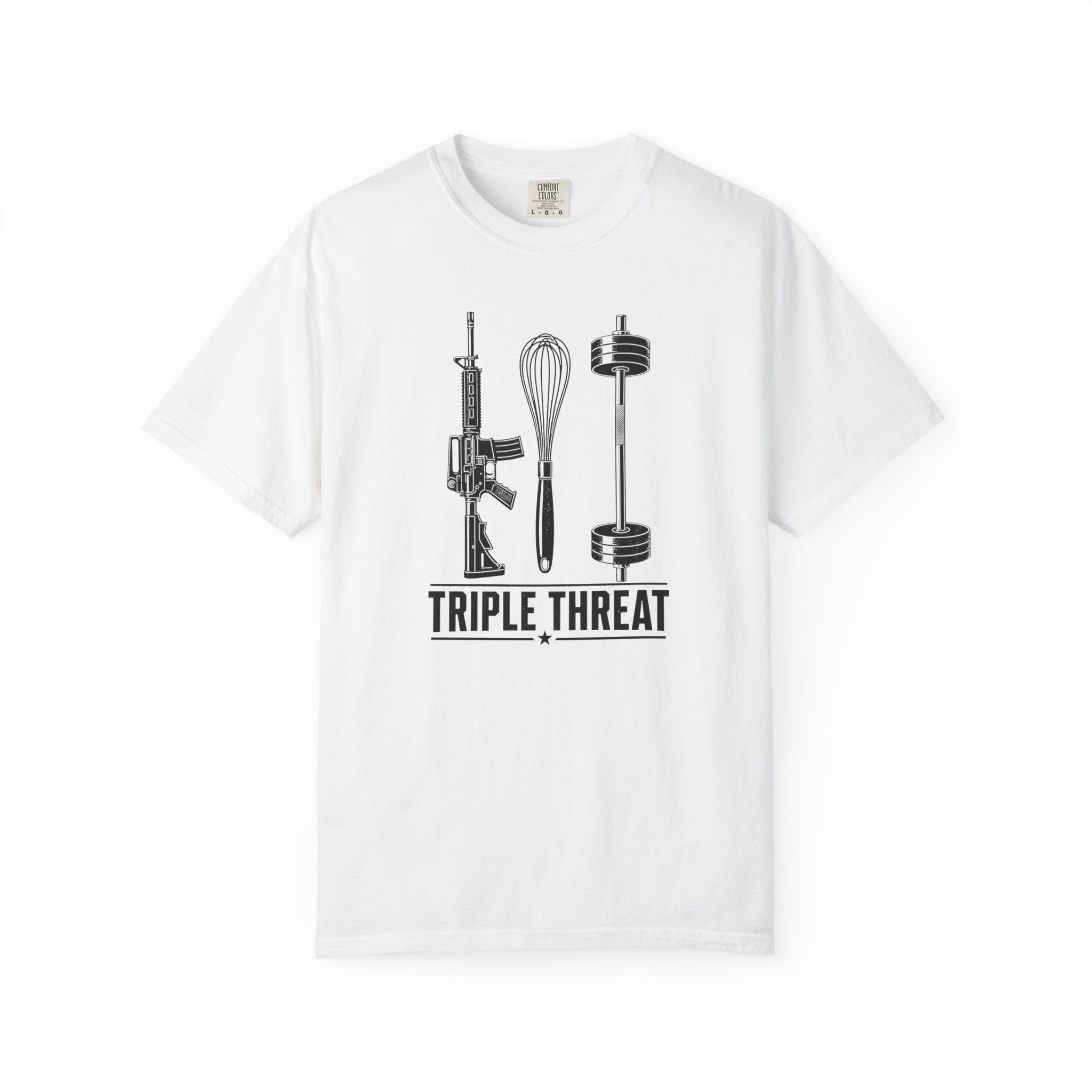 Triple Threat T-Shirt — Funny Chef, Weightlifting & Firearm Graphic Tee