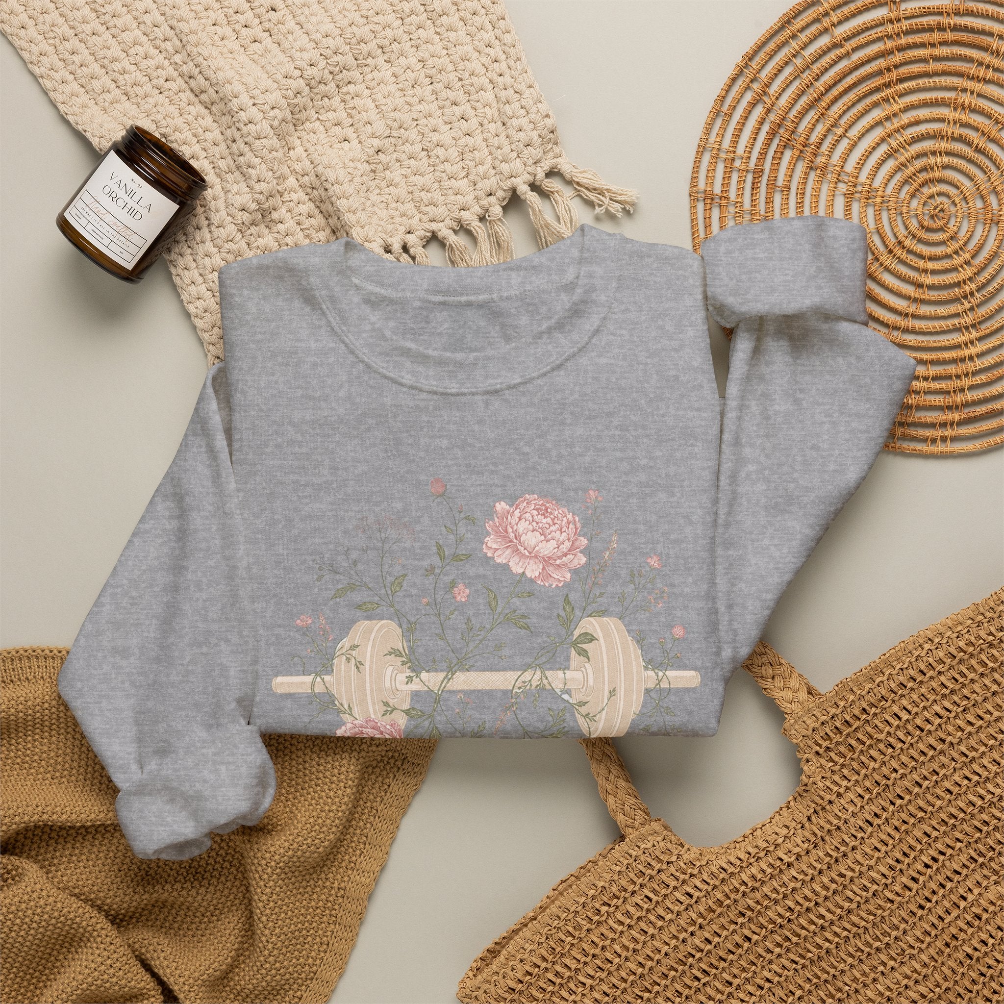 Dumbbell Floral Sweatshirt — Weightlifting Floral Crewneck for Fitness Lovers