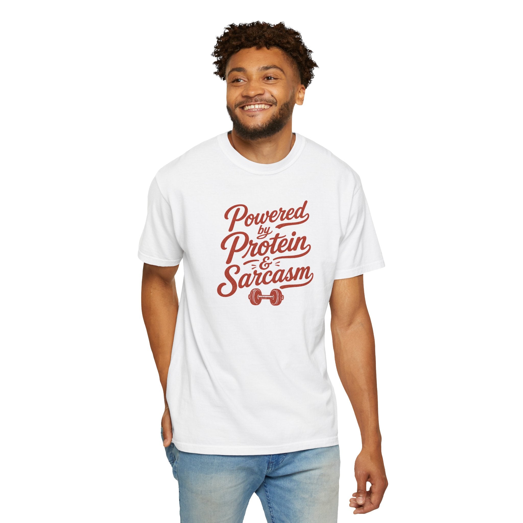 Protein & Sarcasm T-Shirt — 'Powered by Protein & Sarcasm' Graphic Tee