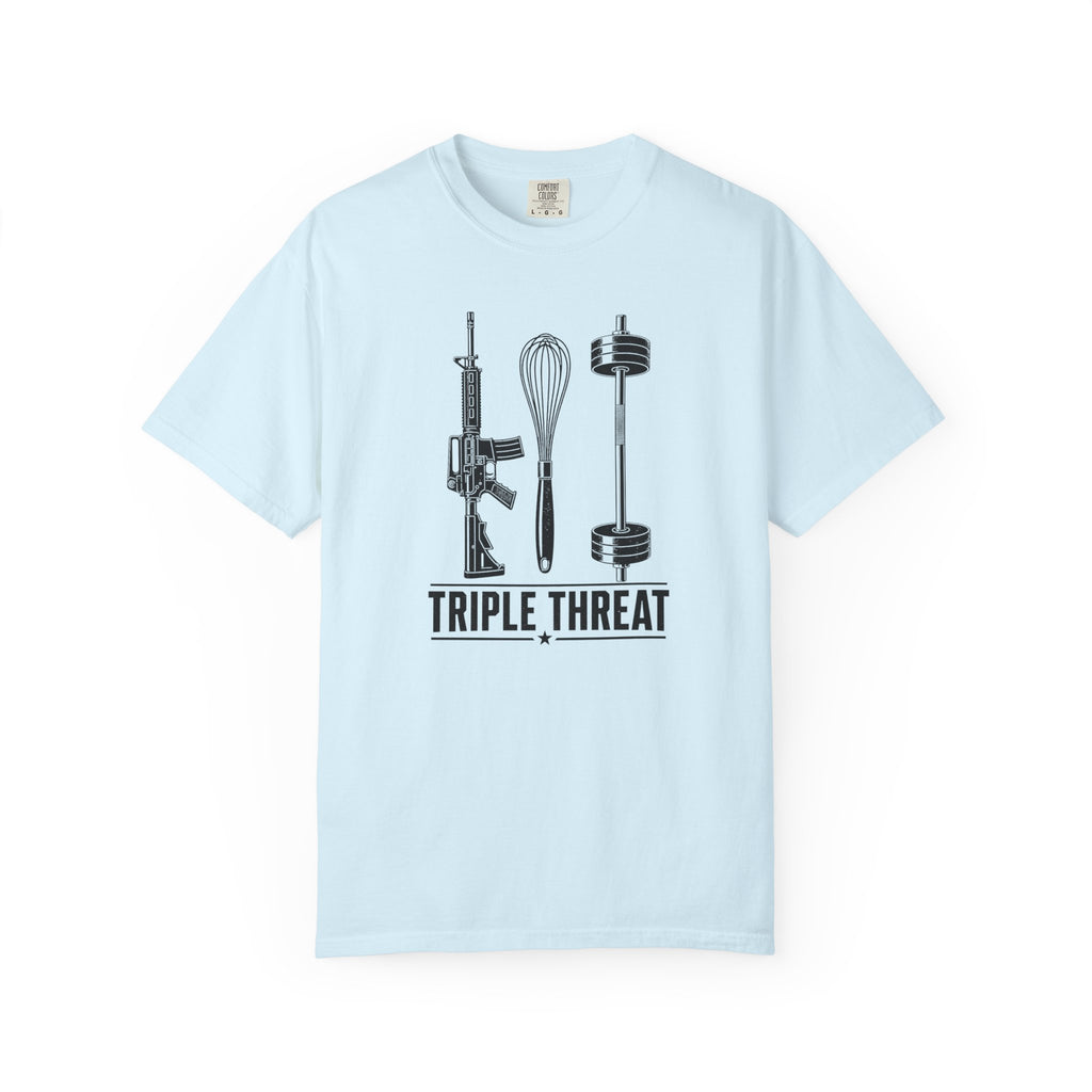 Triple Threat T-Shirt — Funny Chef, Weightlifting & Firearm Graphic Tee