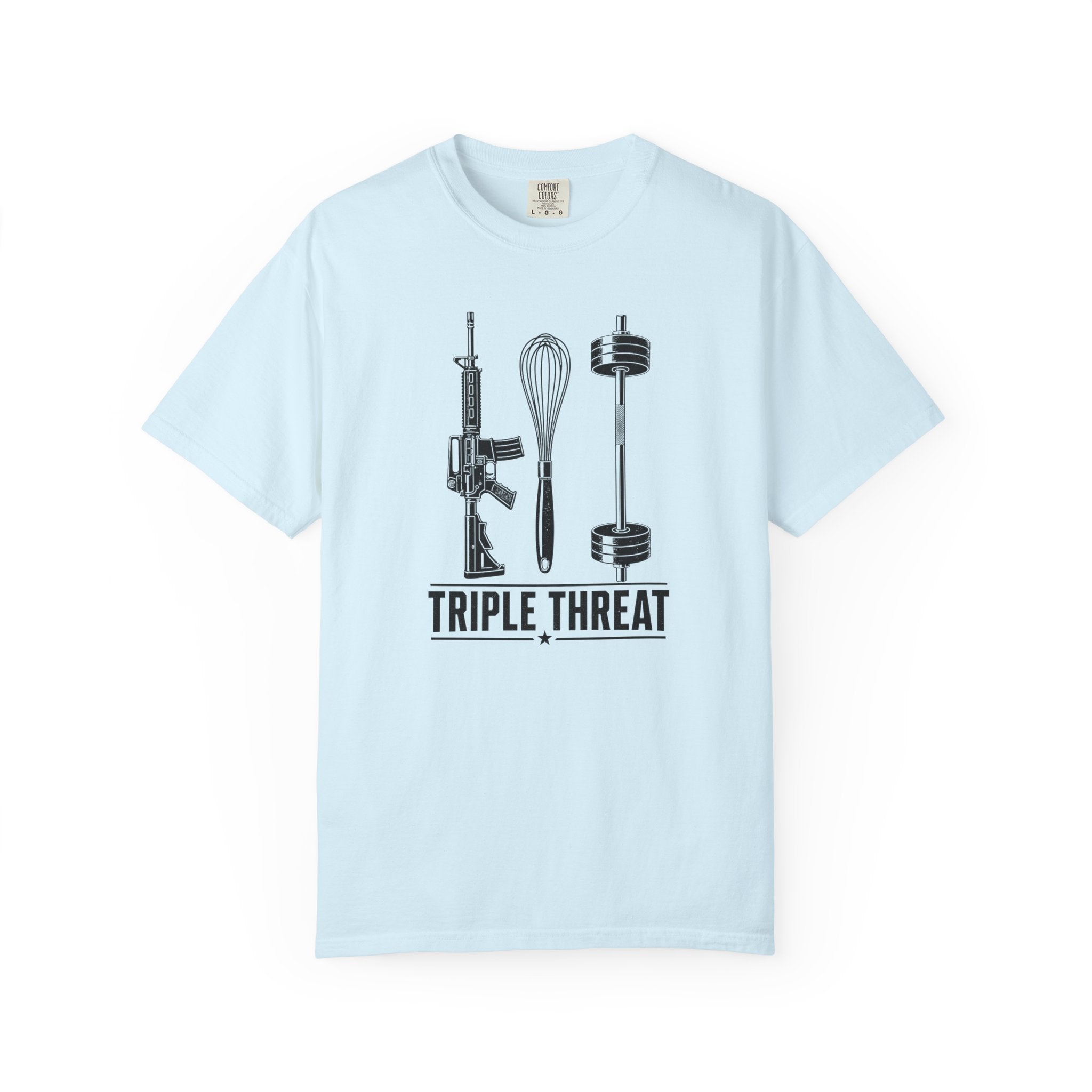 Triple Threat T-Shirt — Funny Chef, Weightlifting & Firearm Graphic Tee